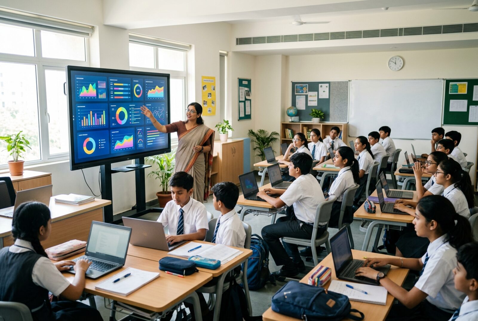 A classroom with students and a teacher
